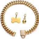 Heavy Duty Dog Chain Collar with Dog Tag, Bell, 18K Gold Plated 14MM Stainless Steel Cuban Link Chain Collar with Bling Rhinestone Secure Buckle,for Small Medium Large Dogs(14mm,14'')