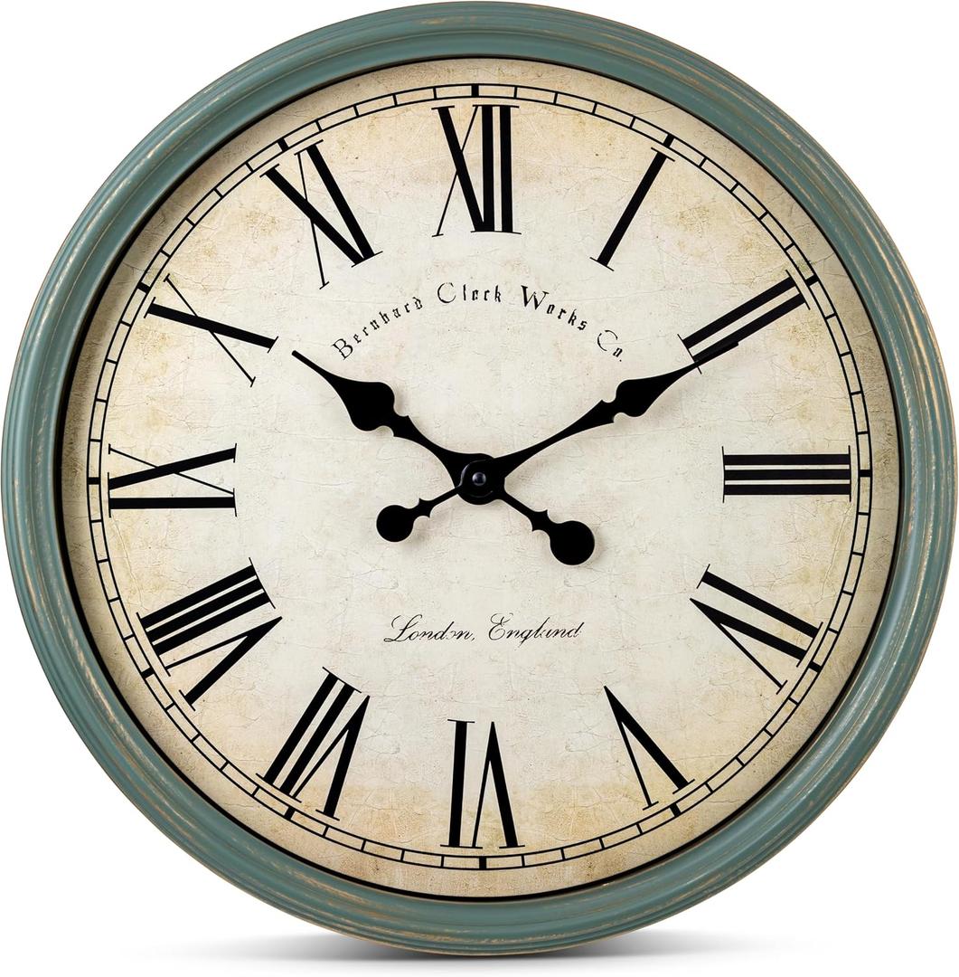 Bernhard Products Large Decorative Wall Clock 20 Inch Silent Non Ticking Battery Operated Quartz Vintage Stylish with Rustic Green Rim for Home Living/Dining Room Kitchen & Over Fireplace