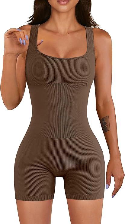 Women Workout Romper Yoga Ribbed Square Neck One Piece Seamless Tank Top Jumpsuit S/M