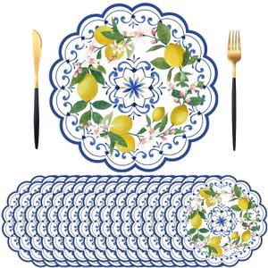 50PCS Lemon Paper Placemats Disposable,13.7 Inch Blue Chinoiserie Lemon Floral Placemat Round Place Mats Summer Table Mats for Home Kitchen Dinner Table Dining Party Decoration
