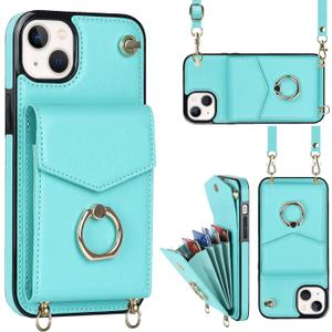 iPhone 12/iPhone 12 Pro Case 6.1 inch, Minimalist Wallet Case with Rotatable Ring Holder and Shoulder Strap, Shockproof Faux Leather Protective Cover - Blue