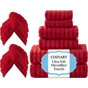 COZYART Lint Free Towel Sets 8 Pcs Red, Thick, Super Soft, Absorbent & Quick Dry Microfiber 3D Bubble Bathroom Daily Use Set with 2 Bath Towels, 2 Hair Towels, 2 Hand Towels, 2 Washcloths