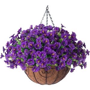 Artificial Fake Hanging Flowers Plants Basket for Outdoors Spring Decoration, Realistic Faux Silk Morning Glory for Outdoor Planters UV Resistant Artificial Flowers for Outside Porch Garden, Purple