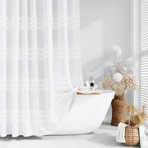 Dynamene Extra Long Shower Curtains - 72 x 84 Inches Long Textured Tufted Chenille Striped Fabric Bathroom Shower Curtain, Tall Modern Shabby Chic Waterproof Cloth Shower Curtain Set with Hooks, White