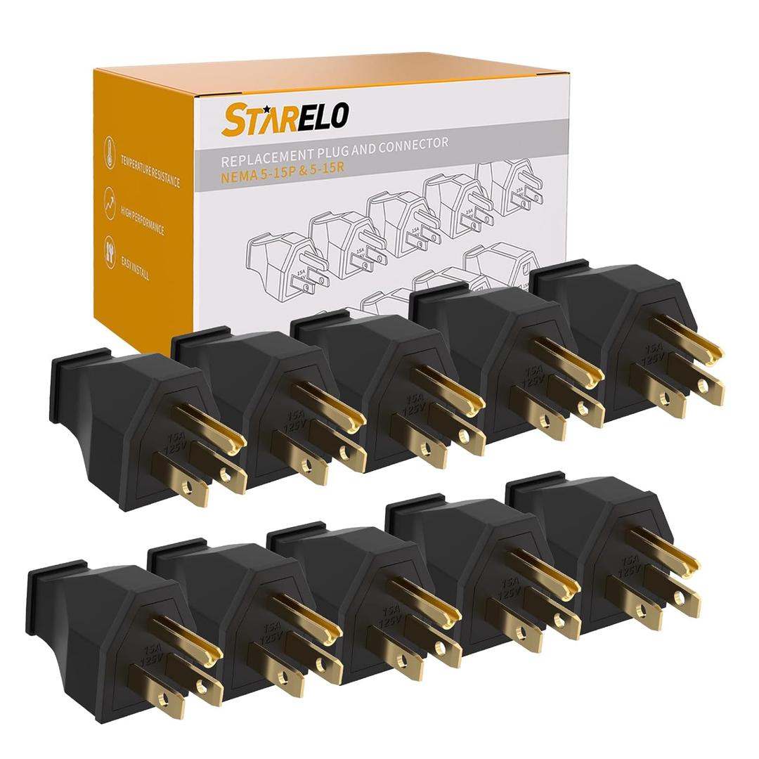 STARELO 10PCS Electrical Replacement Plug NEMA 5-15P Extension Cord Ends Black Shell 125V 15A 2Pole 3Wire.(Male)