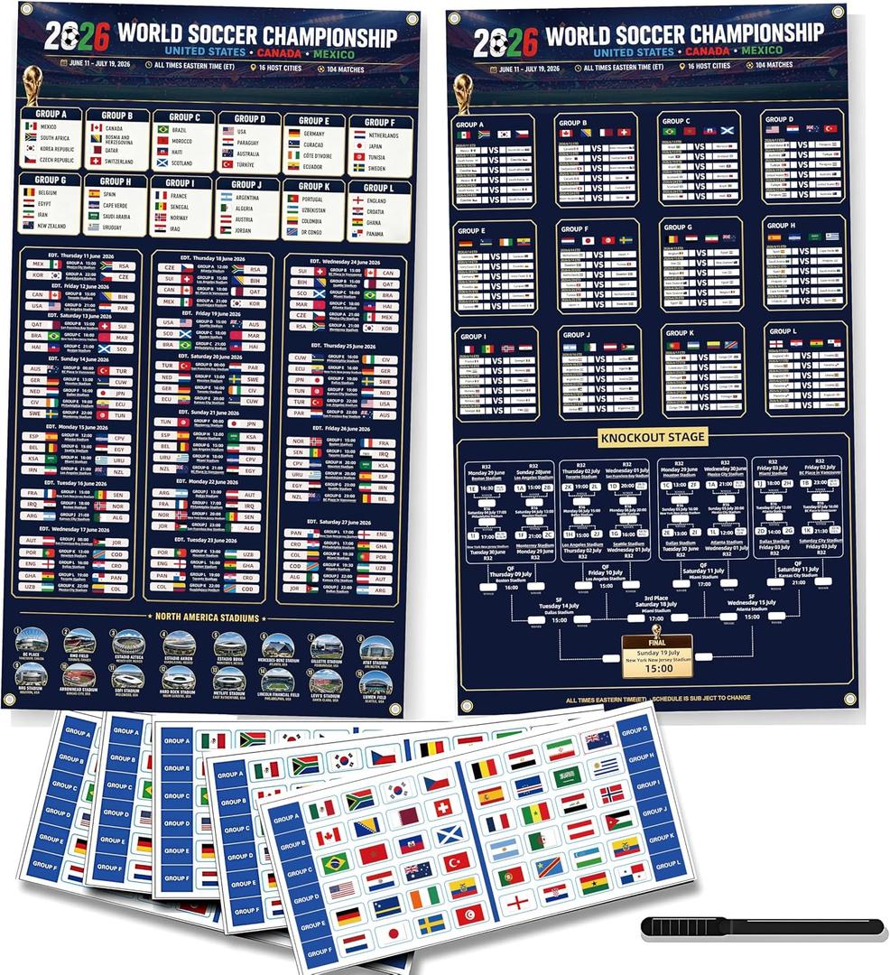 2026 World Soccer Cup Schedule & Match Fabric Wall Chart Set 2 Large Cloth Posters with Marker & National Flag Stickers for wonderful Soccer Fans Gift Soccer Game Night Decorations (75x130cm)