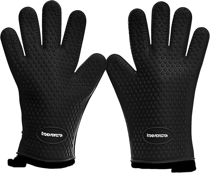 KITCHEN PERFECTION Silicone Smoker Oven Gloves Extreme Heat Resistant BBQ Gloves Handle Hot Food Right on Your Smoker Grill Fryer Pit|Waterproof Oven Mitts Grill Gloves |Superior Value Set+3 Bonuses, Deep Black