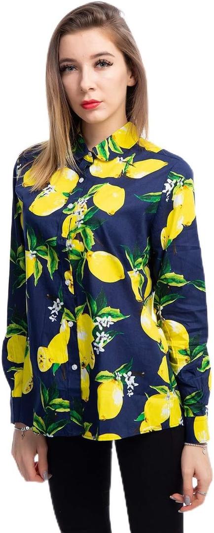 Women's Blouses Casual Long Sleeve Work Button Down Dress Hawaiian Shirts Tops(Navy Blue Yellow Lemon, X-Large)