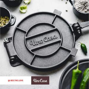 Uno Casa Cast Iron Tortilla Press 10 Inch - Tortilla Maker Press, Pre-Seasoned Roti Maker - Heavy Duty Quesadilla Maker for Homemade Flatbreads, Rotis, Empanadas