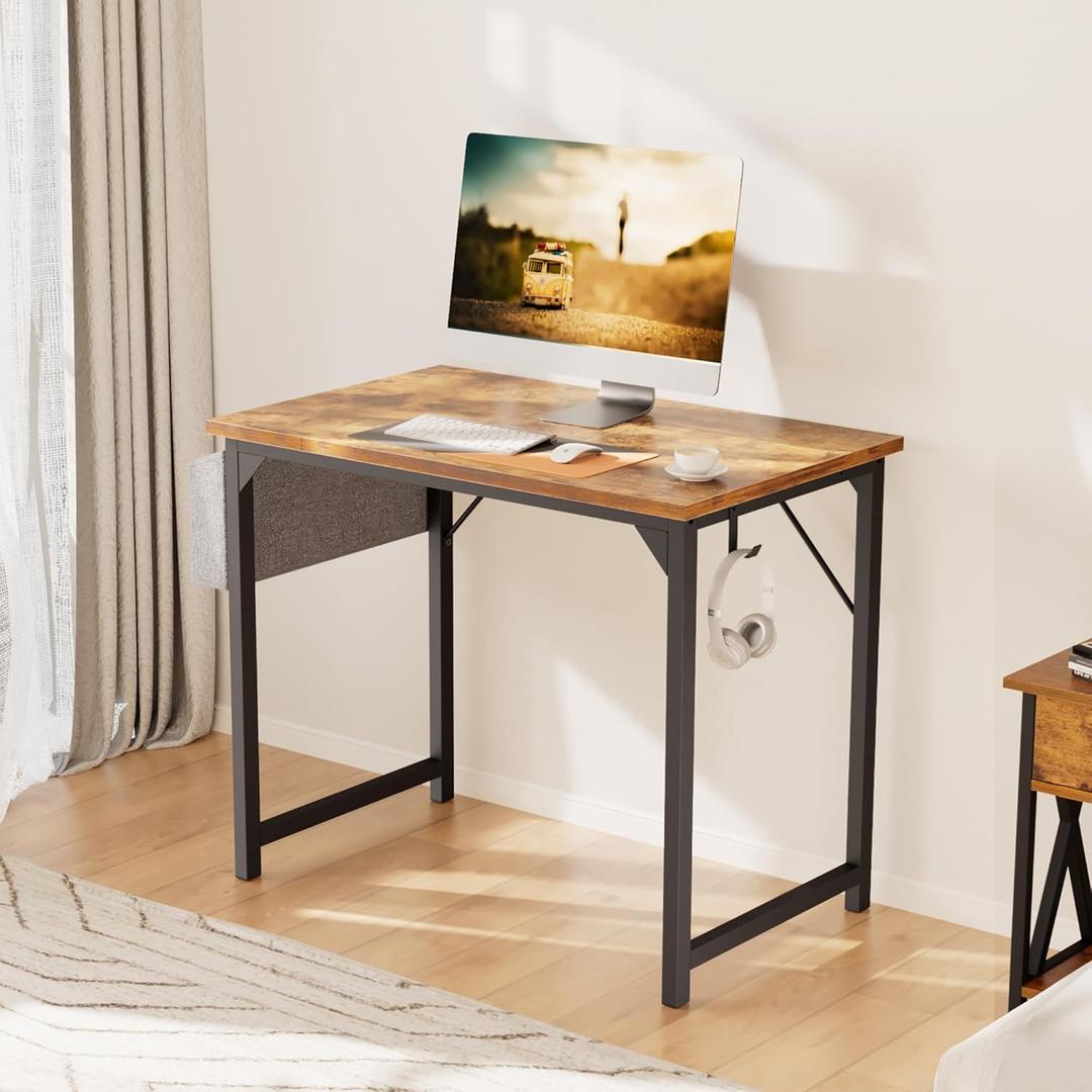 NEWBULIG Computer Desk with Storage & Headphone Hooks for Home Office Working Station Simple Modern Writing Computer Desk,31 Inches,Brown (Rust)