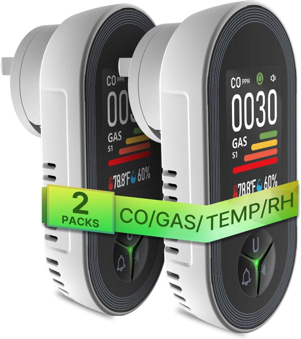 [2 Pack] MOES 4-in-1 Carbon Monoxide & Gas Detector Plug in, with Real-Time Temperature & Humidity Display, Alarm for Natural Gas, Propane