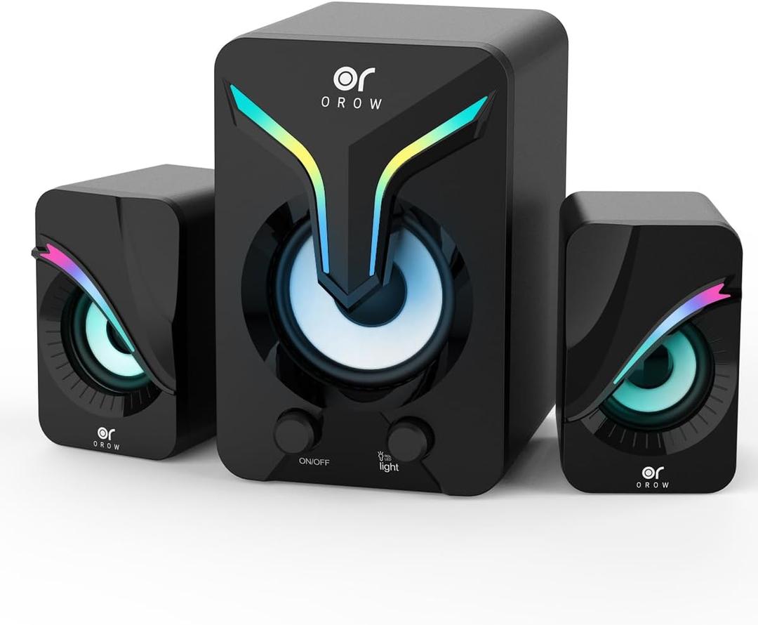 OROW Computer Speakers,Mini PC Speakers with Subwoofer,2.1 Desktop Speaker with RGB Lights,USB Powered, Stereo Sound,Gaming Speakerwith 3.5mm Aux Cable for Monitor/Laptop/Tablet(S212), Black
