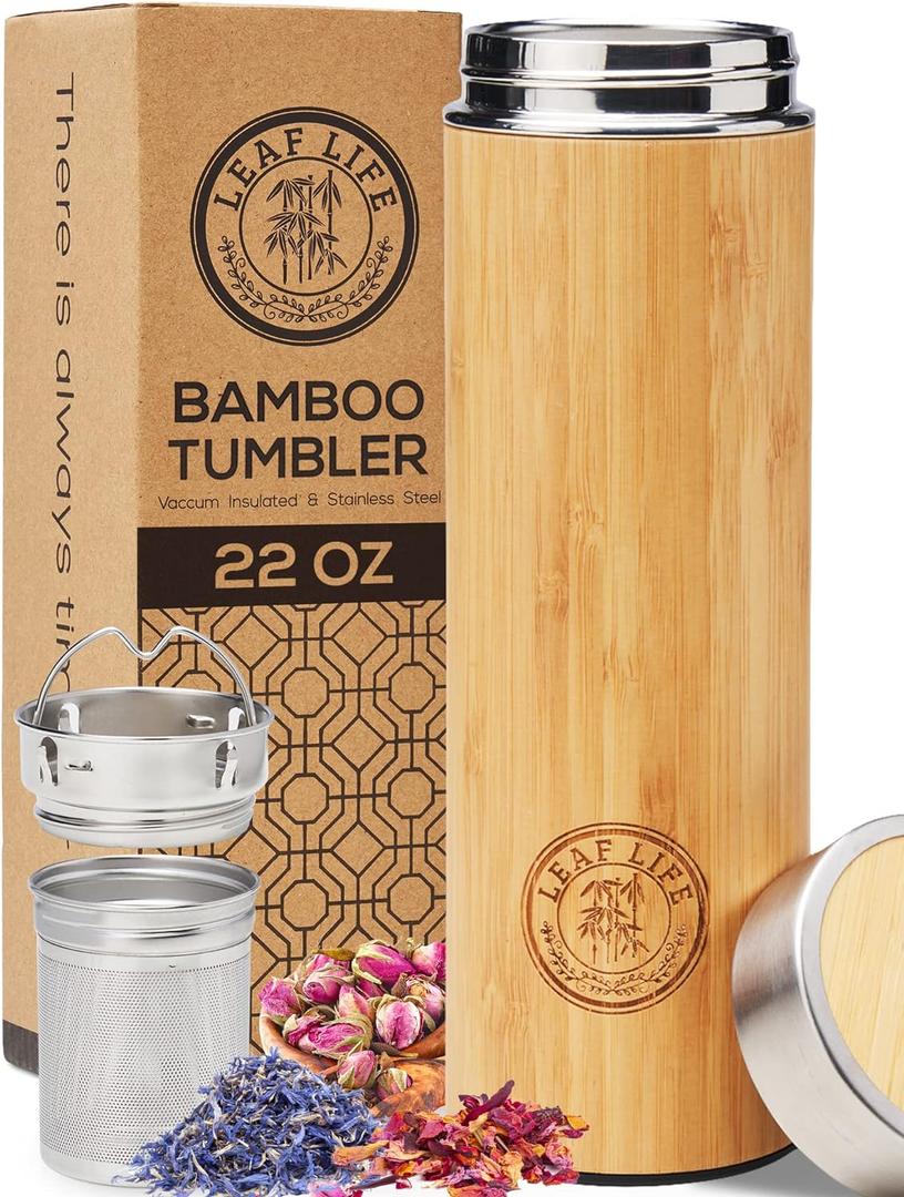 LeafLife Premium Bamboo 22oz Tea Bottle Infuser Bottle Insulated Coffee & Beverage Tumbler Gift Set & Accessories