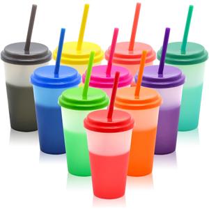 FIEKEICC Color Changing Cups 10Pcs 12oz Plastic Tumblers With Lids and Straws for Iced Coffee Smoothie - Reusable Leak Proof Party Cups for Kids