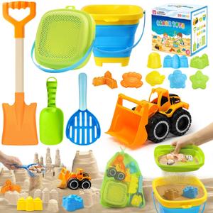 Collapsible Beach Sand Toys Set for Kids - Includes Bucket, Mesh Shovel, Filter Scooper & Castle Molds - Toddler Beach Toys for 1-3 & Kids Ages 4-8 with Mesh Bag, Summer Outdoor Beach Essentials