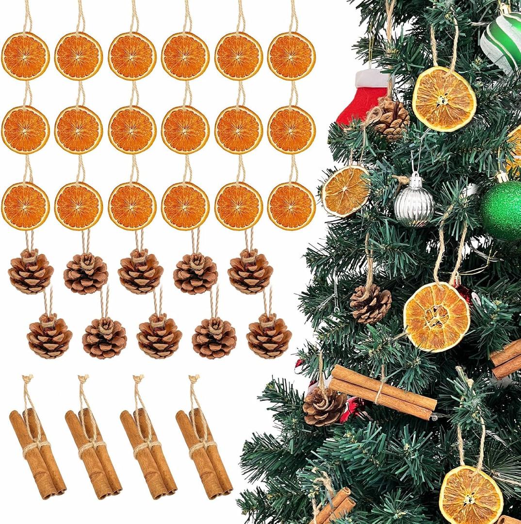 32pcs Natural Christmas Tree Ornaments Set, Rustic Christmas Ornaments Bulk with Dried Orange Slices, Cinnamon Sticks and Pine Cones with Rope,Hanging Yule Decor for Xmas Tree, DIY Crafts Decorations