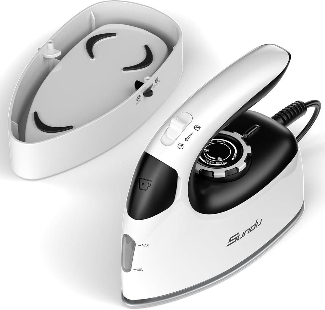 Sundu Small Iron for Clothes with Steam,Travel Iron Portable Non-Stick Soleplate Steamer for Quilting & Sewing,300 Microsteam Holes,90ml Water Tank,Lockable Safety Base (Pure White)