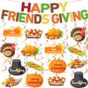 Eaasty 50 Pcs Friendsgiving Party Decoration Set Include 2 Happy Friendsgiving Banner, 16 Turkey Pumpkin Hanging Cutout, 32 Hanging Swirl Accessories for Thanksgiving Mantel Fireplace Wall Party Decor