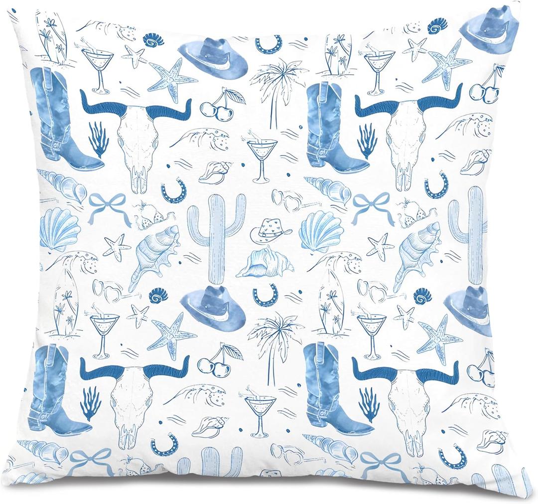 2 x Blue Coastal Cowgirl Pillow Covers 18x18, Coastal Cowgirl Granddaughter Room Decor, Western Home Decor, Preppy Beach Western Decorative Pillow Covers for Girls Dorm Bedroom (Colour 01)