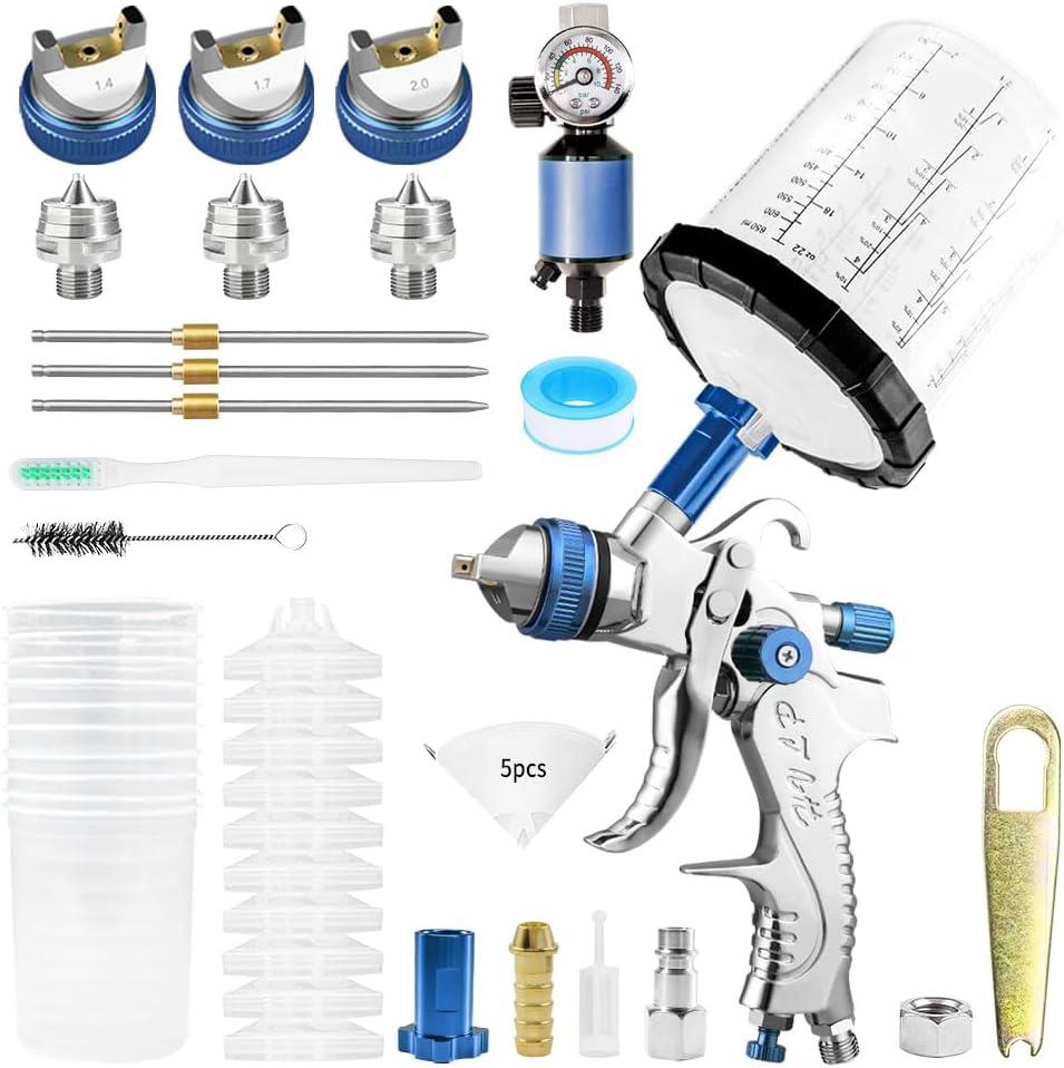HVLP Air Spray Paint Gun with 1.4/1.7/2.0mm Nozzles & Air Compressor Regulator, w/ 10Pcs 650cc Mixing Cups, Automotive Paint Sprayer for Auto Paint, Primer, Clear/Top Coat & Touch-Up (Blue)