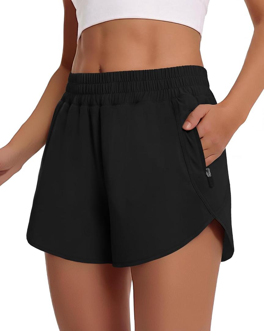 CAMPSNAIL Running Shorts for Women - 3" Athletic High Waist Quick Dry with Liner Zipper Pockets for Workout Gym (Black, M)