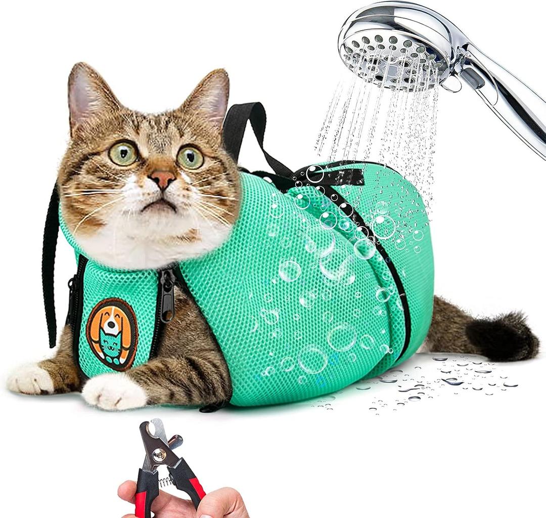 AWOOF Cat Grooming Bag Adjustable Cat Bathing Bag Anti Scratch Bite Polyester Soft Durable Mesh Cat Shower Bag for Cats