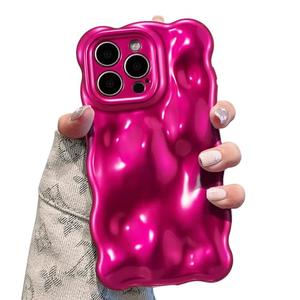 UEEBAI Ripple Case for iPhone 13 Pro Max, Cute Silver Cover Wave Shape for iPhone Case Pretty Aesthetic 3D Phone Cover, Water Ripple Shell 3D Chrome Design for Women and Girl, Hot Pink