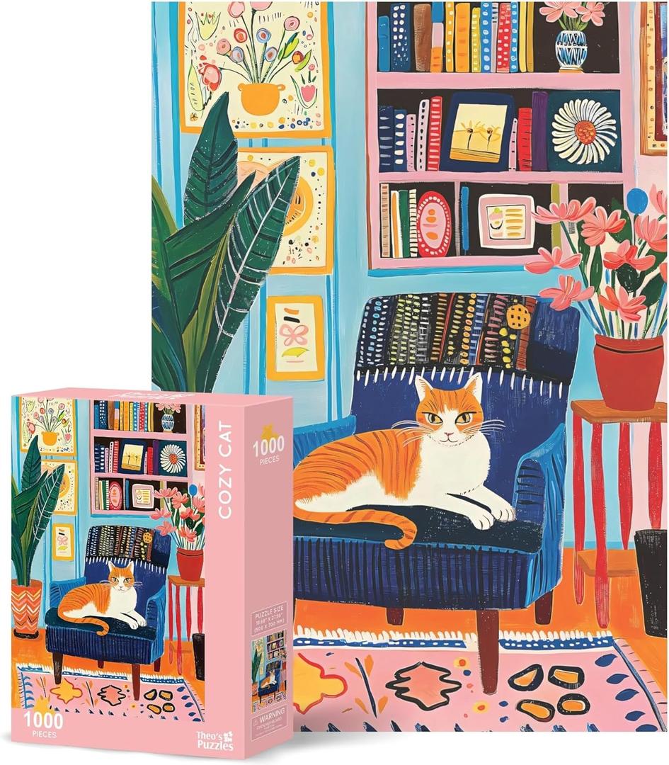 Theo's Puzzles Jigsaw Puzzles 1000 Piece Puzzle for Adults, Families Dogs Beach Day Pieces Fit Together Perfectly (Cozy Cat1)