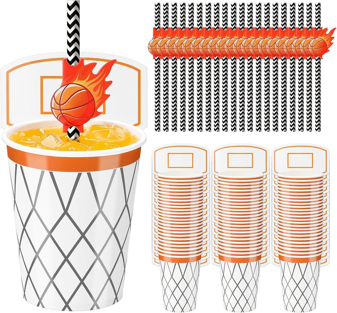100 Sets Basketball Hoop Cups with Straws 9 oz Basketball Party Cups Disposable Paper Sports Cold Drink Fruit Juice Coffee Dinnerware for Balls Birthday Party Favors Decorations Supplies