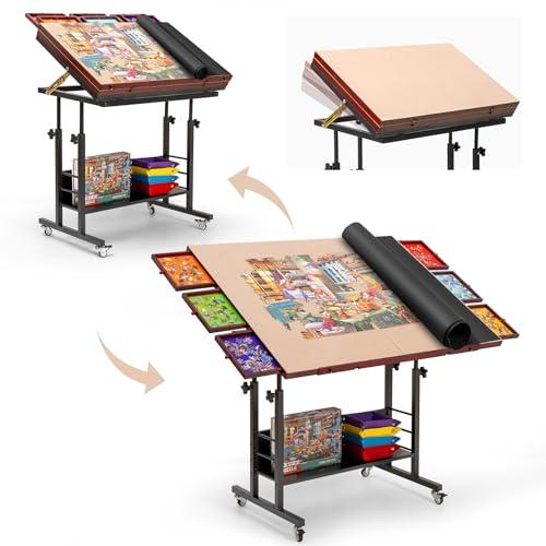 Tektalk 2000 Piece Foldable Jigsaw Puzzle Table with Angle & Height Adjustment, Jigsaw Board with 2 Felt Cover & 8 Sorting Drawers, Puzzle Easel with Legs, Enclosed with 4 Roller Wheels (Black)