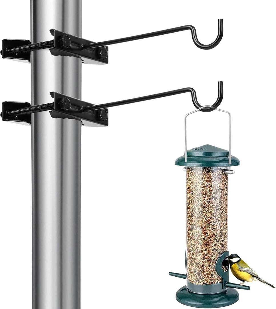 2 Pack Bird Feeder Hanger Hook, Metal Clamp-On Deck Hook for Railing Pole, Outdoor Hanging Bracket for Plant, Camping Lantern Rack, Windproof Tree Branch Hooks for Wild Bird House Holder