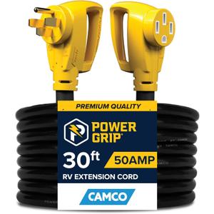 Camco Power Grip 30-Ft 50-Amp Camper/RV Extension Cord - Features Copper 6/3 + 8/1-Gauge Wires for Superior Conductivity - Rated for 125/250 V/12,500 W - Coated w/Heat-Resilient PVC (55195)