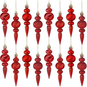 Luinabio 16 Pcs Red 4" Finial Drop Christmas Ornament Hanging Christmas Finial Ornaments Plastic Shatterproof Decor for Xmas Tree Winter Holiday Party Supplies, Shiny, Matte, Glitter, Sequin