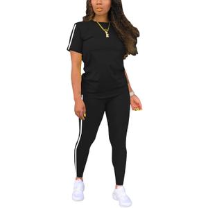 Women's 2 Piece Outfits Sweatsuit Summer Workout Striped Short Sleeve Long Sweatpants Casual Jogging Lounge Set (Large, Black)
