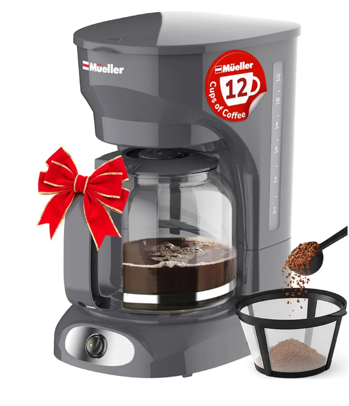 MUELLER HOME 12-Cup Drip Coffee Maker Perfect for Home or Office, Borosilicate Carafe, Auto-Off, Reusable Filter, Anti-Drip, Keep-Warm Function, Clear Water Level Window, Gray