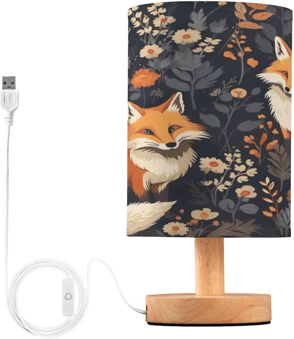 Cute Foxes LED Table Lamp - Modern Minimalist Bedside Lamp with Round Flaxen Fabric Shade for Nightstand, Perfect for Bedroom Ambiance (C38)