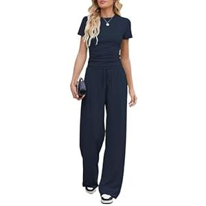 Nimsruc Women's 2 Piece Lounge Sets For Women Summer 2025 Ruched Short Sleeve Tops Wide Leg Pant Sets Tracksuit Navy Blue XS