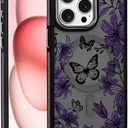 Case for iPhone 15 Design On Matte Black Base,Compatible with MagSafe,Slim Protective Soft TPU Bumper,Magnetic for Women Girls Case for iPhone 15-Purple Butterfly Flower Black