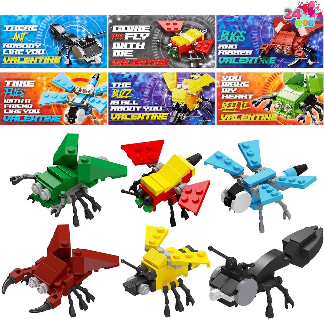 JOYIN 24 Packs Valentines Day Cards with Animal Building Blocks for Gifts Party Favor, Classroom Exchange Prize, Valentines Greeting Cards