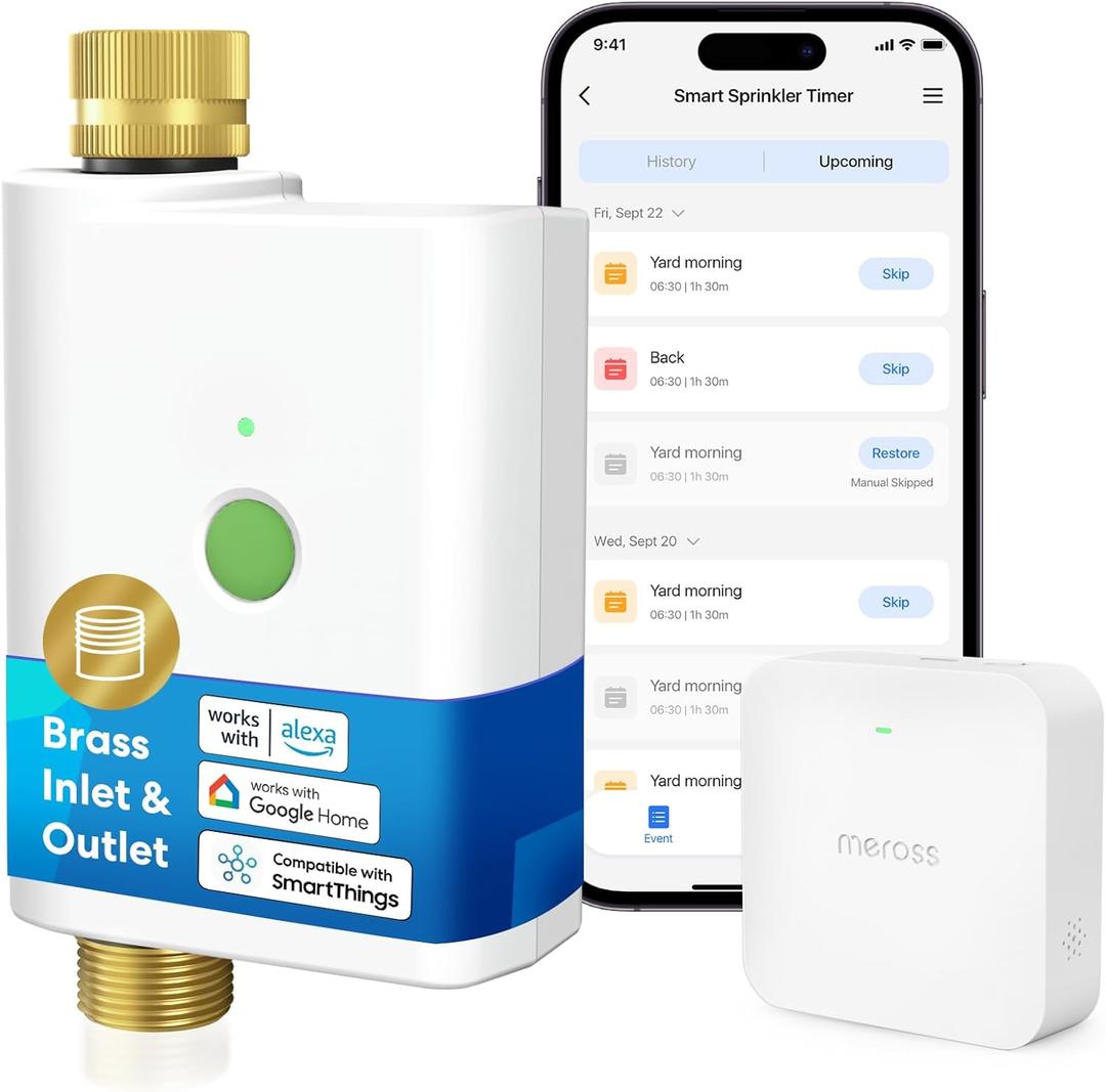 meross WiFi Water Timer for Garden Hose, Smart Hose Timer with Brass Inlet & Outet, WiFi Sprinkler Valve Work with Alexa & Google Assistant, Smart Rain Skip for Lawn, Garden & Yard