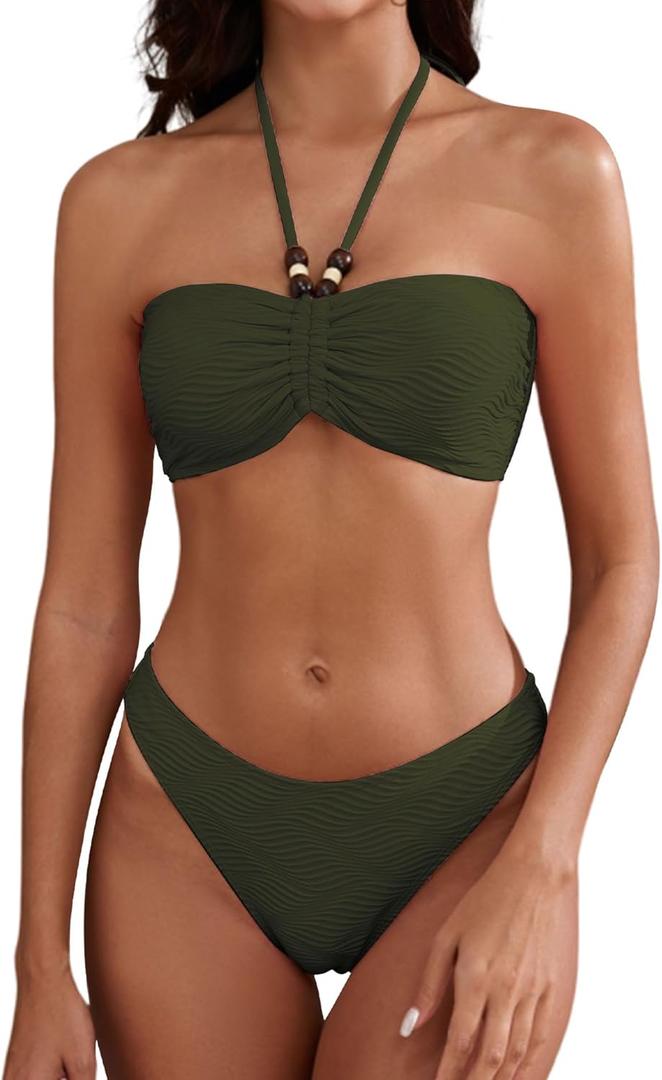 ZAFUL Women's Halter Bandeau Bikini Beaded Tie Back String Bikini Set Push Up Two Piece Swimsuit Bathing Suits (1-olive Green), Medium