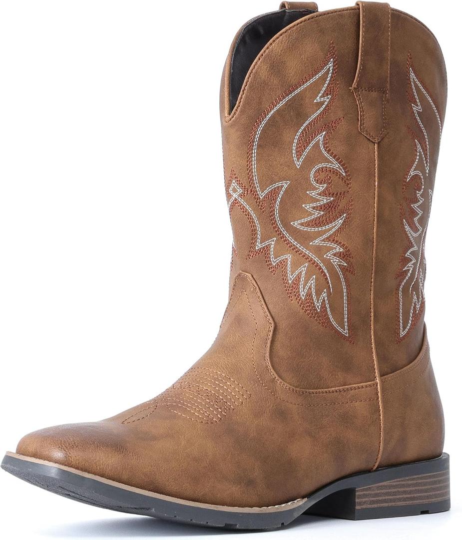 IUV Cowboy Boots For Men Square Toe Western Boot Durable Retro Classic Embroidered Pull On Boot Slip Resistant Country Boots 7.5 Wide, Brown