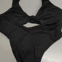 Geluboao Bikini Set for Women Solid V Neck Knot Front Push Up High Leg Thong Two Piece Swimsuit (Large, Black)