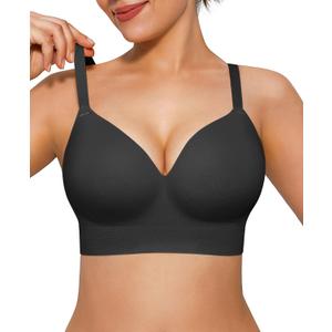 Popilush Bras for Women No Underwire Seamless Wireless Support Bra Full Coverage Comfort T Shirt Bralette (Medium, Black)
