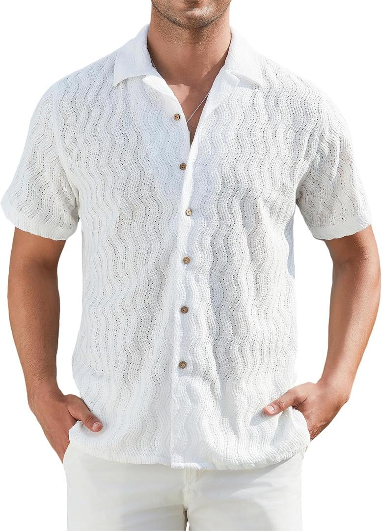 Alex Vando Mens Summer Shirts See Through Sheer Lace Casual Short Sleeve Button Down Beach Shirt (White, S)