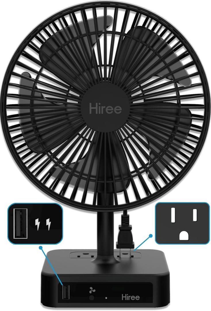 Desk Fan with USB Charging Port, 2 Speeds 6.7 Inch Small Desktop Table Fan with USB Charger, AC Outlets, Strong Wind, Quiet Operation - Personal Fan for Bedroom, Home, Office and Dorm Room