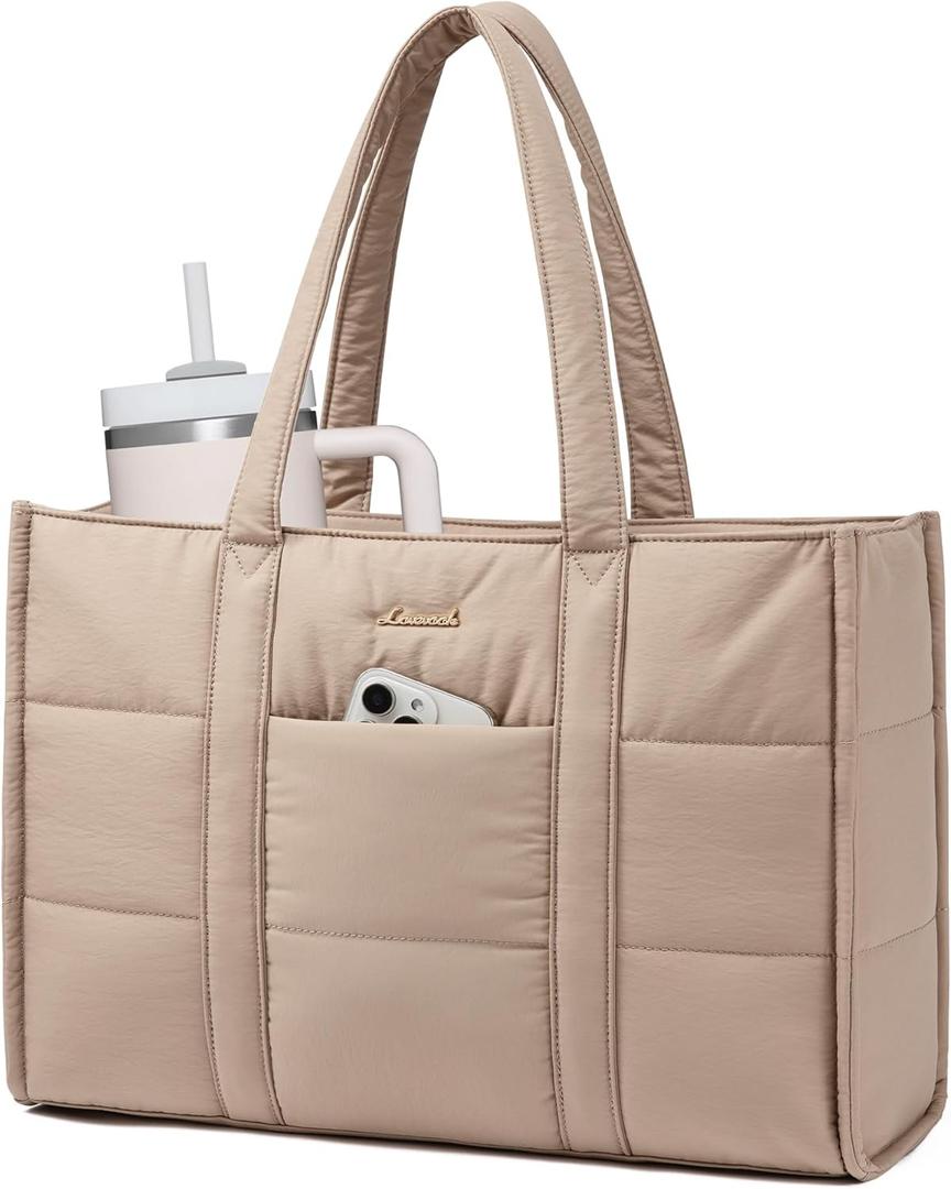 LOVEVOOK Laptop Bag for Women, Puffer Tote Bag for Work 15.6 Inch Large Computer Briefcase for Teacher Nurse, Quilted Lightweight Casual Shoulder Bag For Travel, Daily (Khaki)