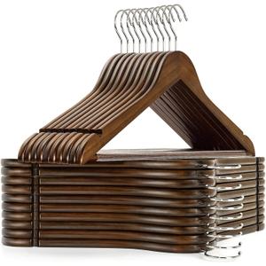 Amber Home 30-Pack Vintage Wooden Coat Hangers, Walnut Wood Suit Hangers with Non-Slip Pant Bar for Shirts, Jackets, Dresses, Pants - Retro