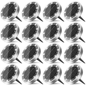 16 Pack Solar Ground Lights Outdoor, 8 LED Mini Flat Solar Disk Lights, IP65 Waterproof Anti-Rust Disc Light, Landscape Lighting for Garden Pathway Yard Walkway Driveway Lawn,Cool White