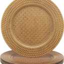 13 Inch Antique Gold Charger Plates Set of 6 Round Plastic Plates Matte Finish Faux Rattan Woven Texture Charger plates for Wedding Party Christmas (537)